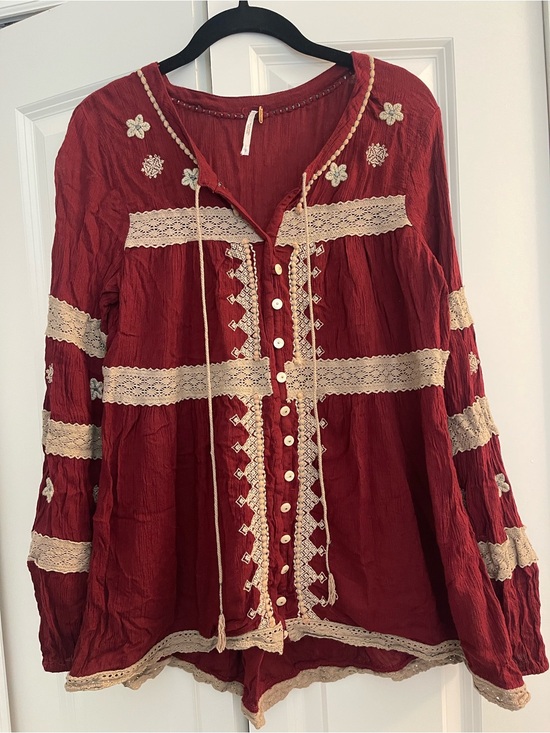 Free People Tops - Free People Maroon Red Embroidered Lace-Trim Tunic